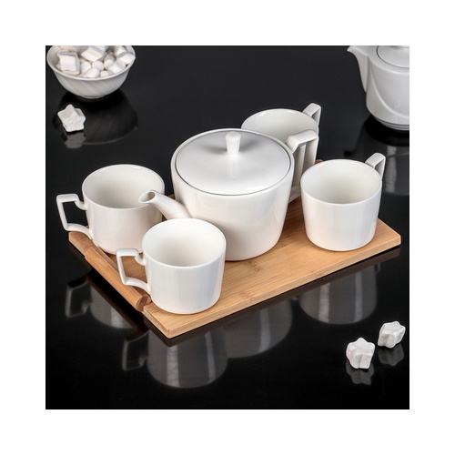 Набор чайный «Эстет», 5 предметов: чайник 800 мл, 4 кружки 220 мл, на деревянной подставке